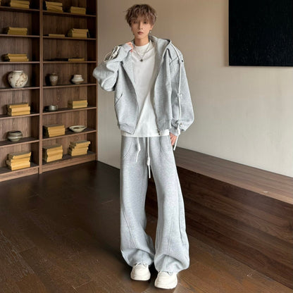 Drawstring Zipper Hoodie & Wide Leg Sweatpants Setup WN23181