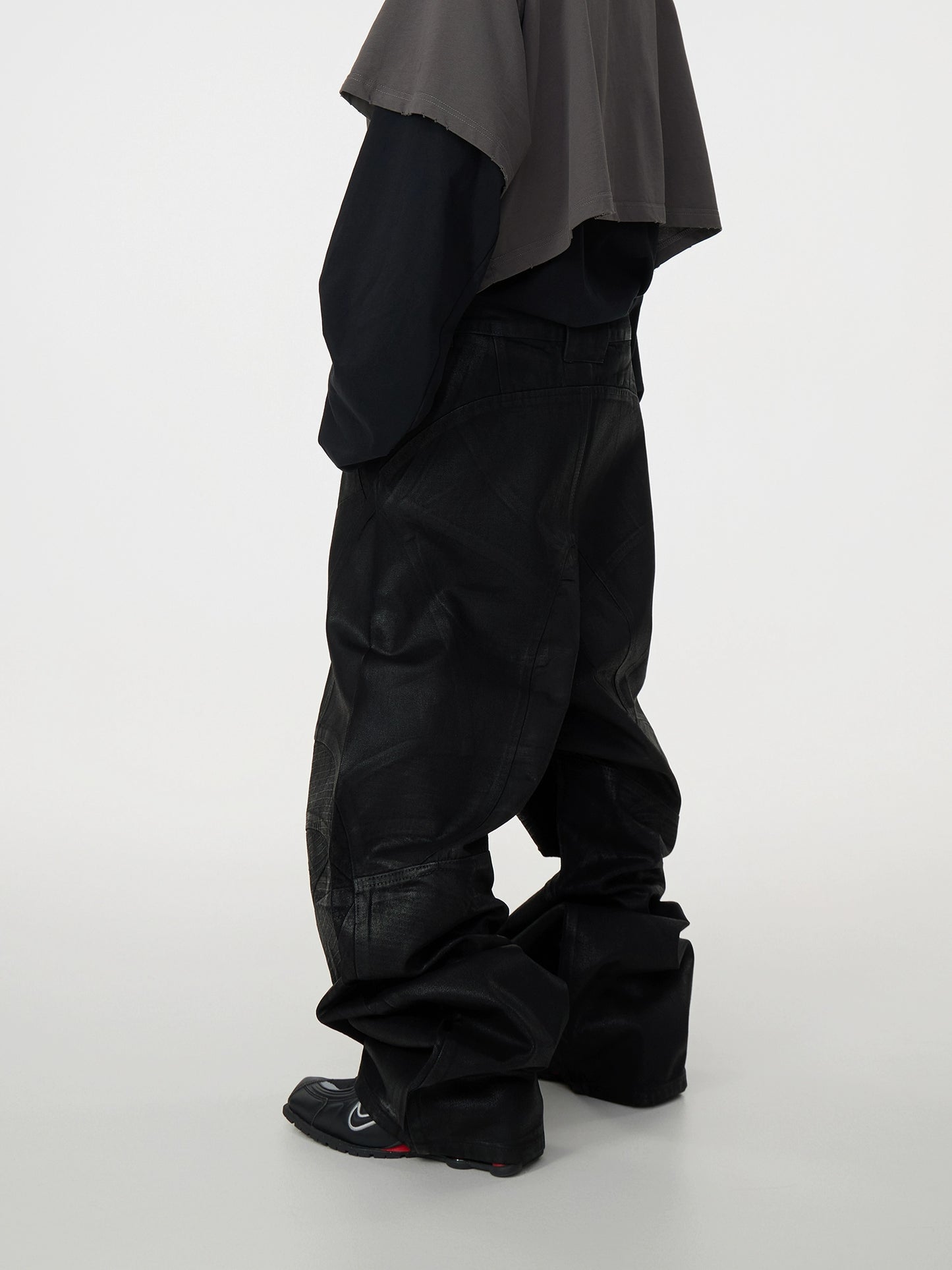 Waxed Coated Biker Armor Pleats Wide Leg Dragging Denim Jeans WN17003