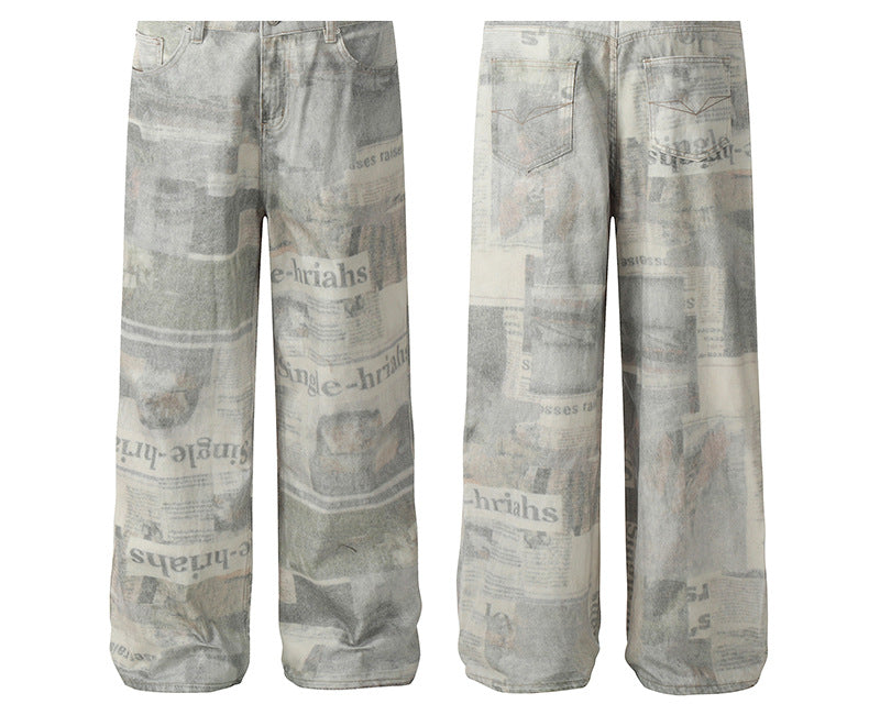Newspaper Print Straight Denim Jeans WN25855