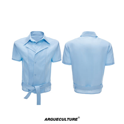 Fake Layered Embroidery Linen Waist-Tie Short Sleeve Shirt WN27030
