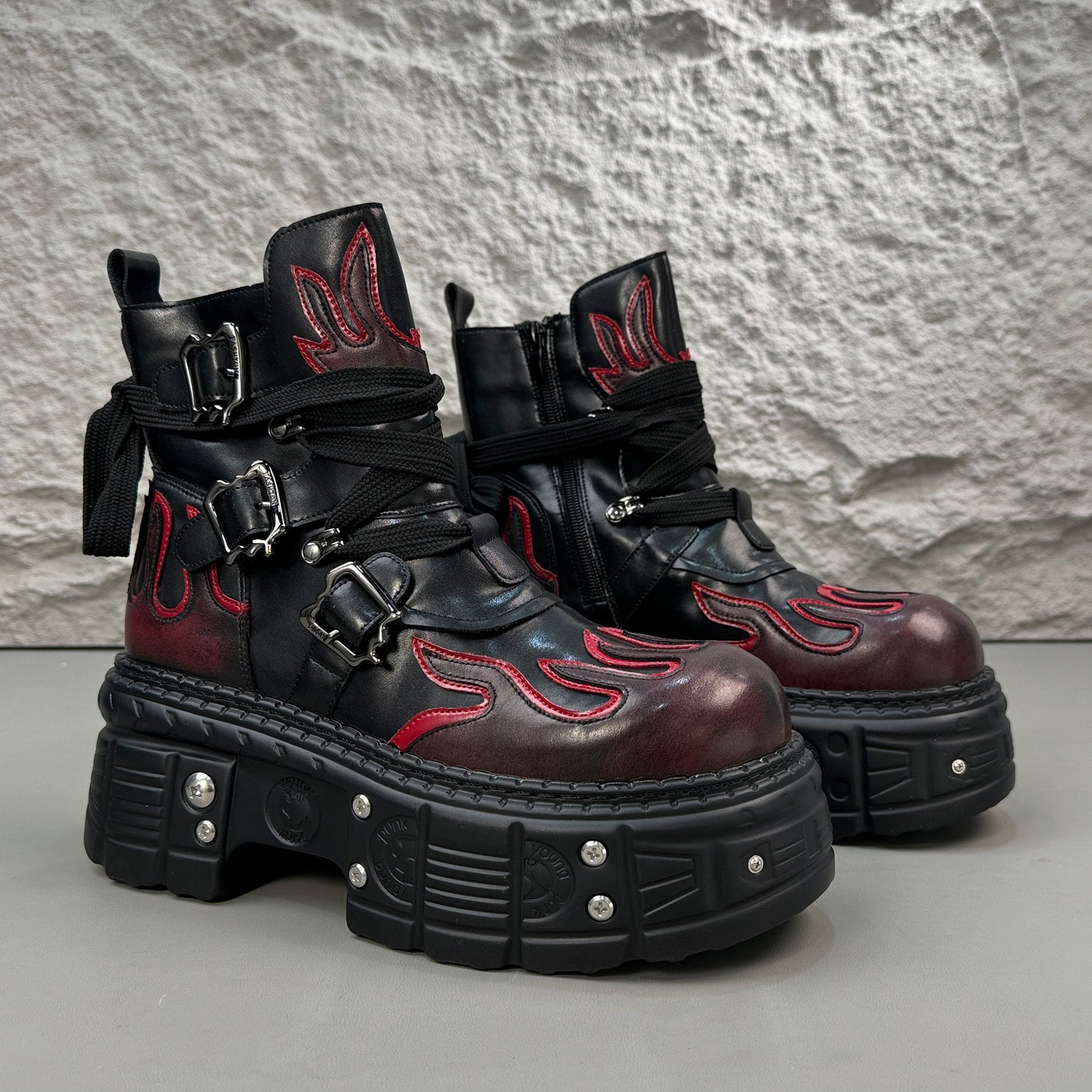 Flame Embroidery Strap Buckle Platform Short Boots WN24578
