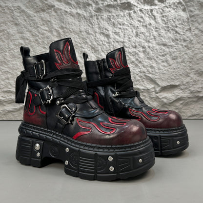 Flame Embroidery Strap Buckle Platform Short Boots WN24578