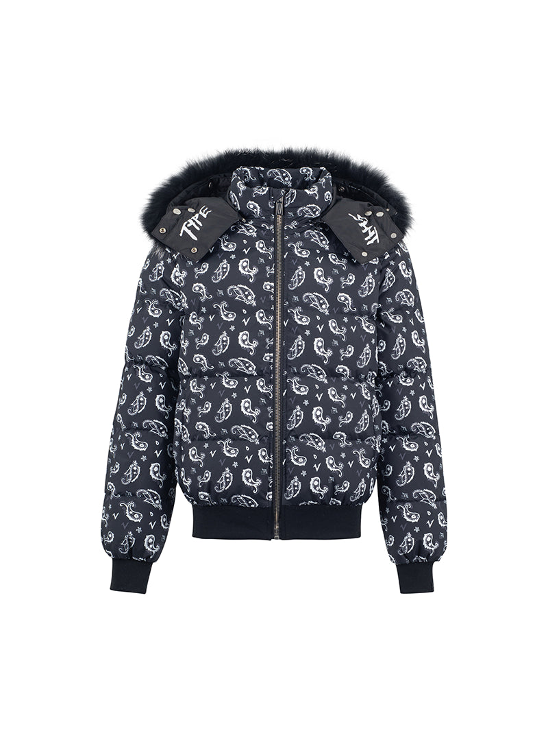 Paisley Hooded Fake Fur White Duck Down Jacket WN20991