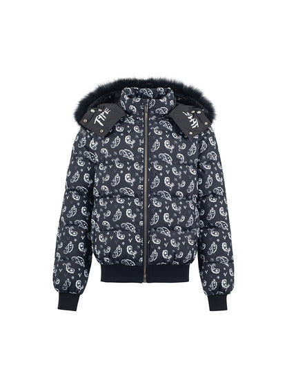Paisley Hooded Fake Fur White Duck Down Jacket WN20991