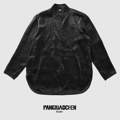 Organza Floral Embroidery Standing-Collar Long Sleeve Shirt WN20175