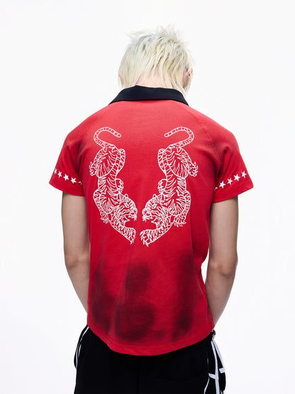 Polo Collar Washed Print Short Sleeve T-Shirt WN27283