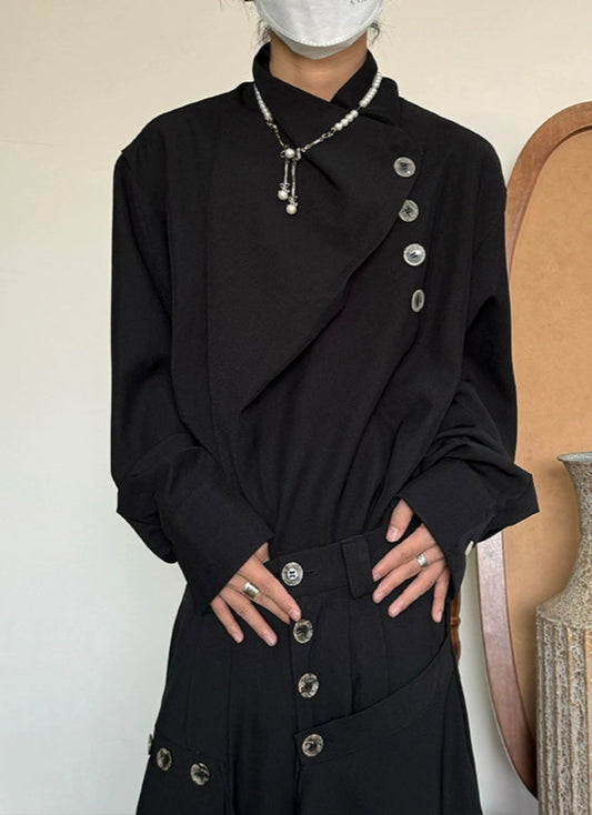 Standing-Collar Irregular Neckline Elegant Long Sleeve Shirt WN19983