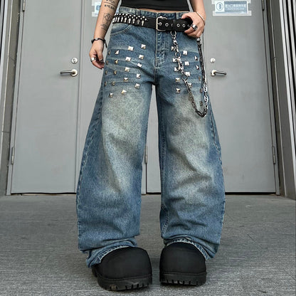 Square Stud Whisker Wash Wide Leg Denim Jeans WN24234
