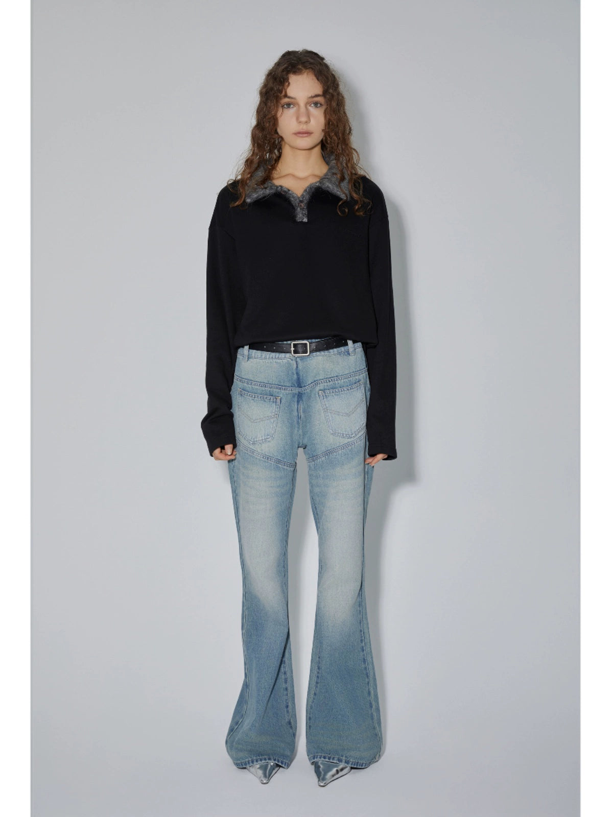 Wool-Effect Collar Polo Design Long Sleeve T-Shirt WN18907