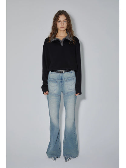 Wool-Effect Collar Polo Design Long Sleeve T-Shirt WN18907