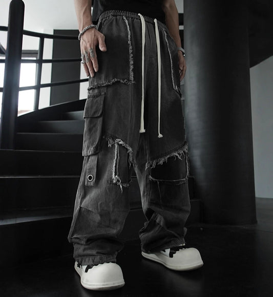 Washed Multi-Pocket Patchwork Frayed Denim Jeans WN27848