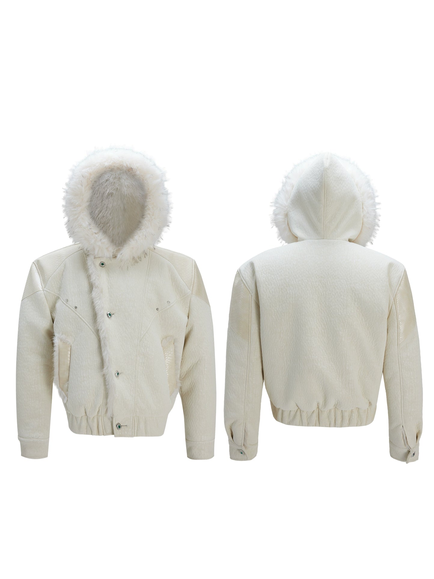 Fake Fur Collar Colorblock PU Leather Hooded Puffer Jacket WN22601