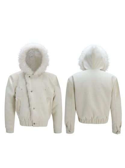 Fake Fur Collar Colorblock PU Leather Hooded Puffer Jacket WN22601