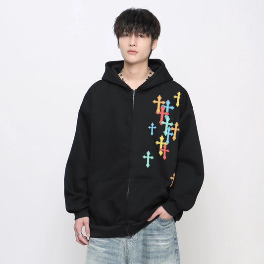 Foam Cross Print Zipper Hoodie WN21040