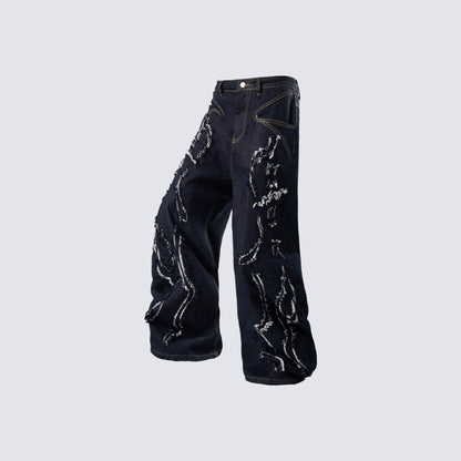Damage Frayed Wide Leg Denim Jeans WN28017