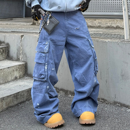 Washed Patch Damage Straight Cargo Denim Jeans WN24100
