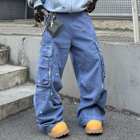 Washed Patch Damage Straight Cargo Denim Jeans WN24100
