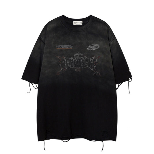 Washed Graphic Art Print Damage Short Sleeve T-Shirt WN25776