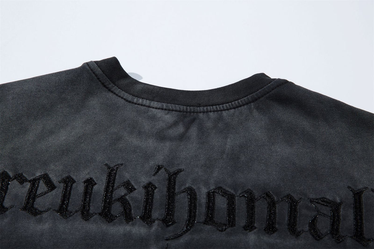 Washed Studded Letter Embroidery Short Sleeve T-Shirt WN26832