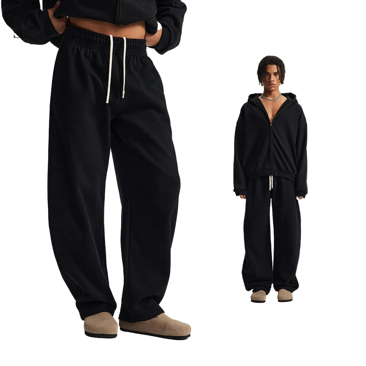 Fleece Lining Side Pocket Zipper Hoodie & Fleece Lining Wide Leg Sweatpants Setup WN23114
