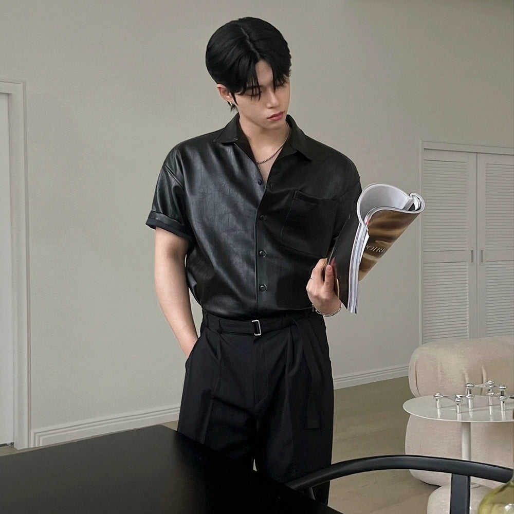 Turn-Down Collar PU Leather Short Sleeve Shirt WN20250