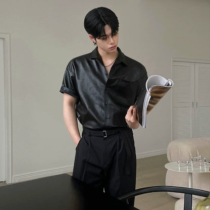 Turn-Down Collar PU Leather Short Sleeve Shirt WN20250