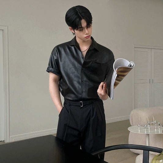 Turn-Down Collar PU Leather Short Sleeve Shirt WN20250