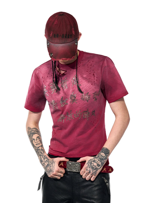 Graphic Letter Print Damage Spray Wash Short Sleeve T-Shirt WN18788