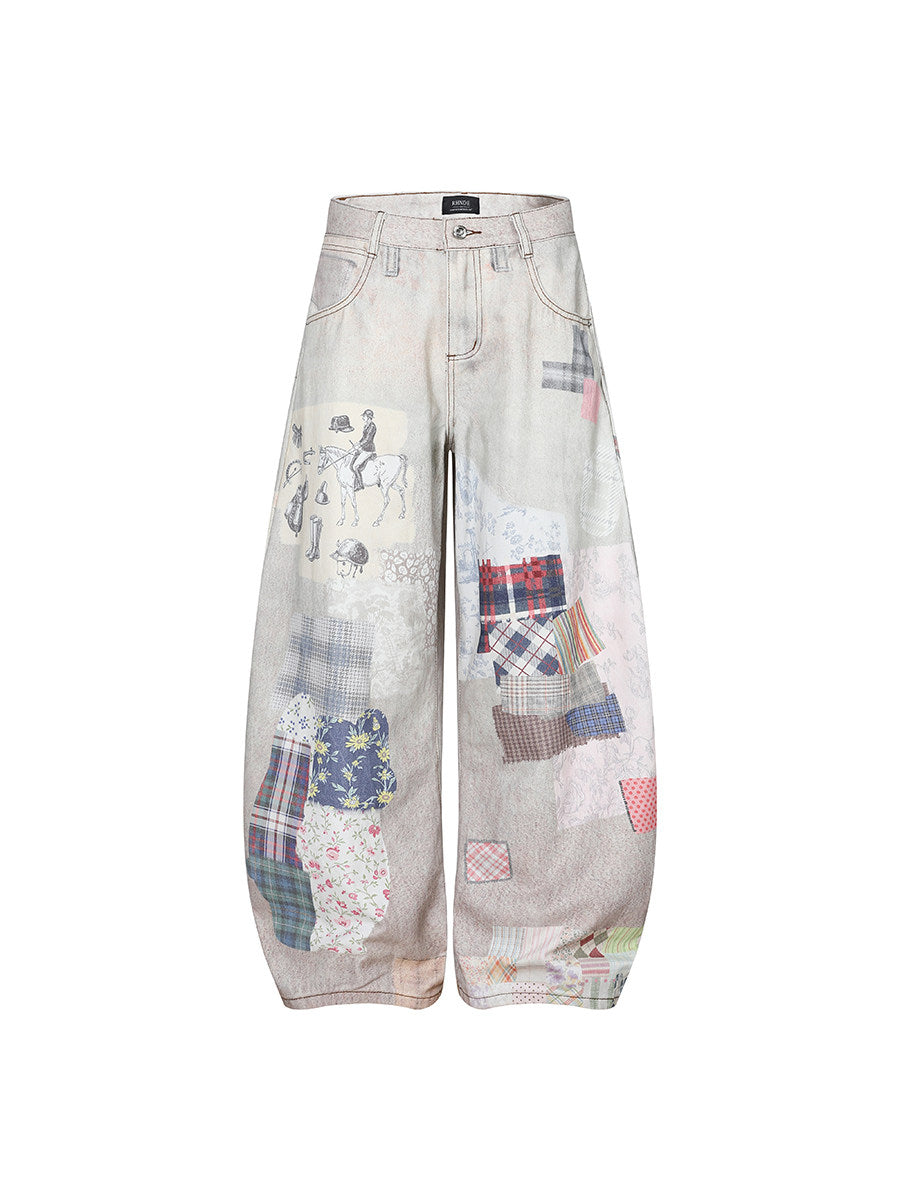 3D Digital Print Mixed Fabric Wide Leg Denim Jeans WN24175