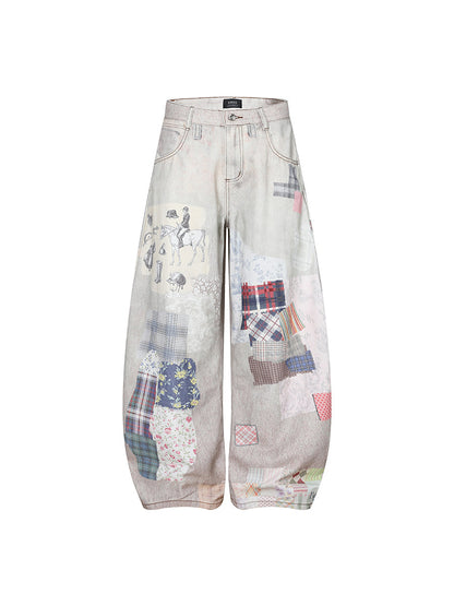 3D Digital Print Mixed Fabric Wide Leg Denim Jeans WN24175