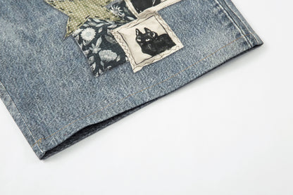 Washed Charm Patch Wide Leg Cropped Denim Jeans WN25564