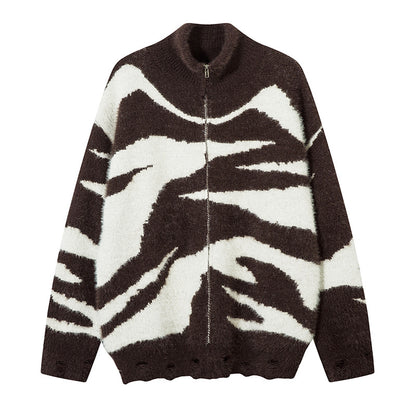 Zebra Print Oversize Zipper Knit Cardigan WN11176