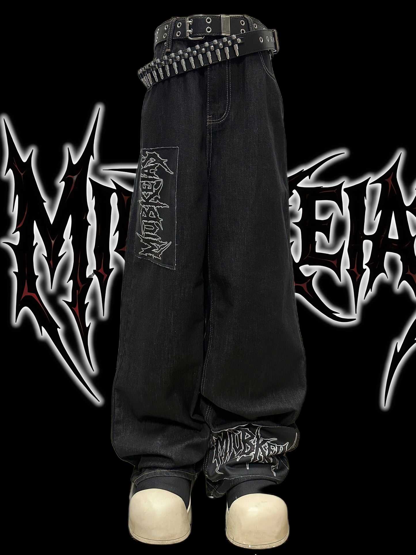 Graphic Letter Patchwork Wide Leg Denim Jeans & Belt & Chain WN20137