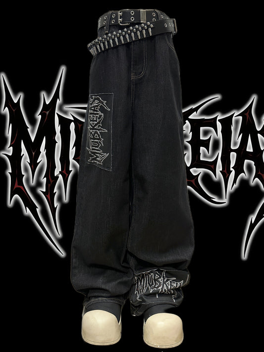 Graphic Letter Patchwork Wide Leg Denim Jeans & Belt & Chain WN20137