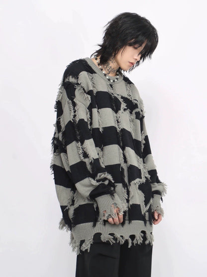 Stripe Oversize Damage Knit Sweater WN8377