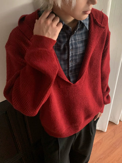 Plaid Patch Fake Layered Hooded Knit Sweater WN22228