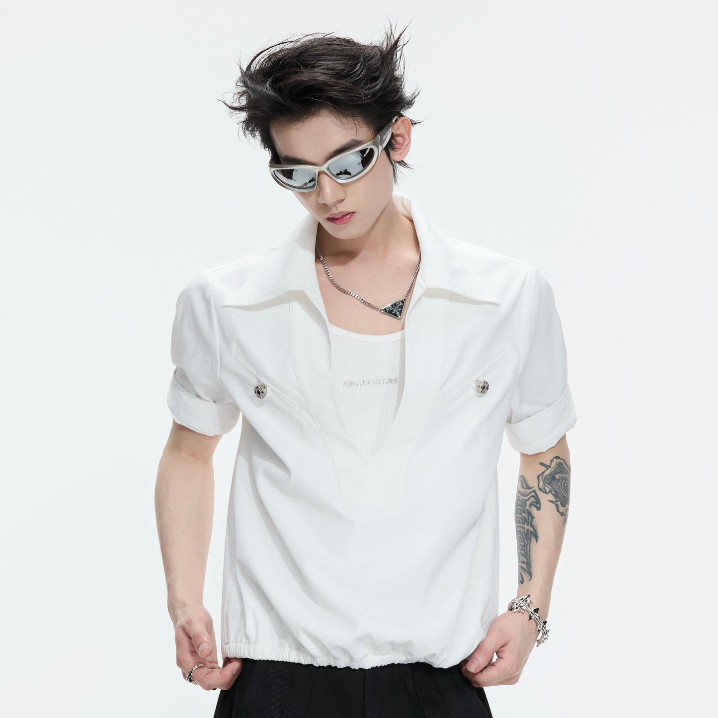 Fake Layered Workwear Elastic Hem Short Sleeve Shirt WN26992