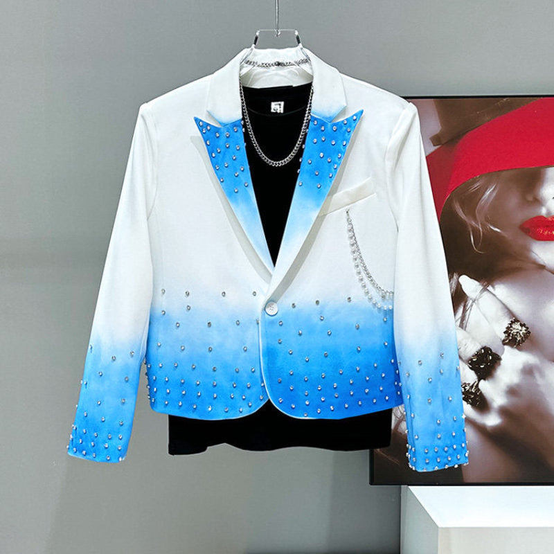 Rhinestone Chain Short Tailored Jacket & Spray Print Micro Flare Trousers Setup WN23937