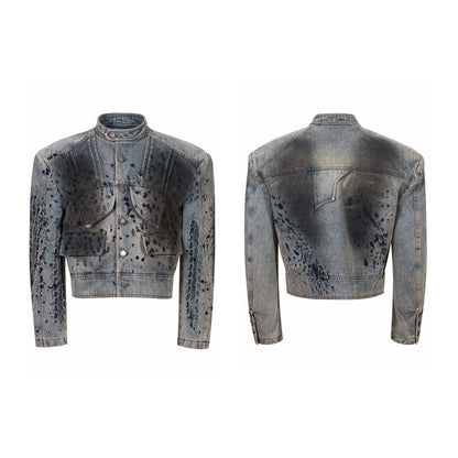 Tire Print Hight Neck Shoulder-pad Damage Denim Jacket & Denim Jeans Setup WN21793