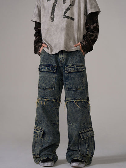 Patchwork Multi-Pocket Wide-Leg Cargo Denim Jeans WN10651