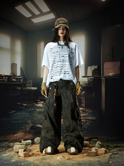 Multi-Pocket Strap Zipper Patchwork Layered Wide Leg Cargo Pants WN18518