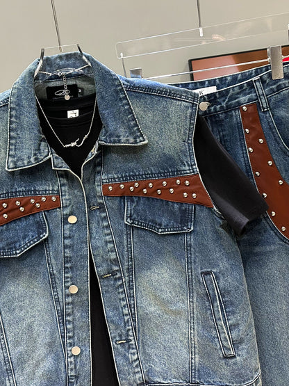 Washed Patchwork Denim Vest & Wide Leg Denim Jeans Setup WN23928