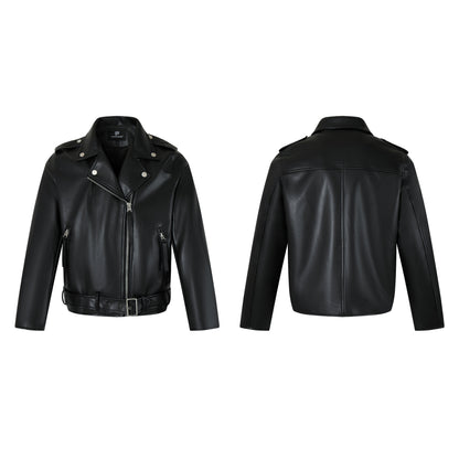 Zip-Up Belted Metal Buckle PU Leather Jacket WN23082