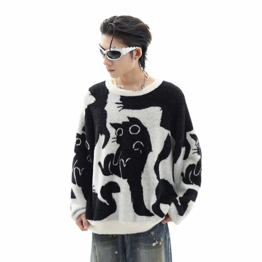 Cat Design Shaggy Knit Sweater WN10348