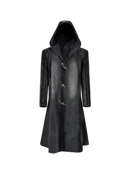 Hooded Shoulder-Pad Denim Long Trench Coat WN21780