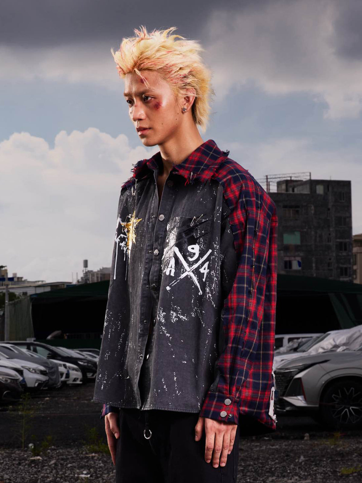 Plaid Patchwork Star Graffiti Oversize Long Sleeve Shirt WN27094