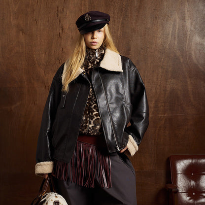 Fake Fur Collar PU Leather Zipper Jacket WN21899