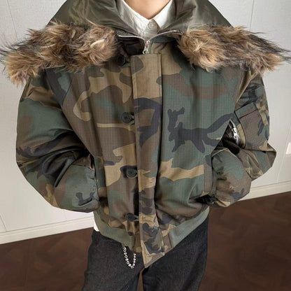 Fake Fur Collar Camouflage Short Puffer Jacket WN21932