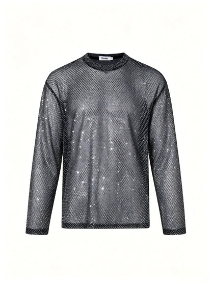 Sequin Mesh Sheer Oversize Long Sleeve T-Shirt WN27946