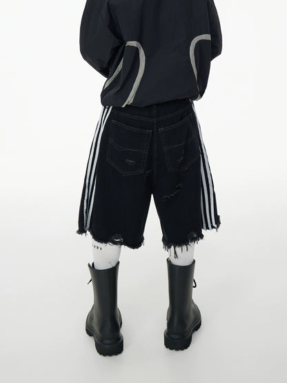 Washed Damage Fringe Wide Leg Three-Stripe Half Denim Jeans WN16960